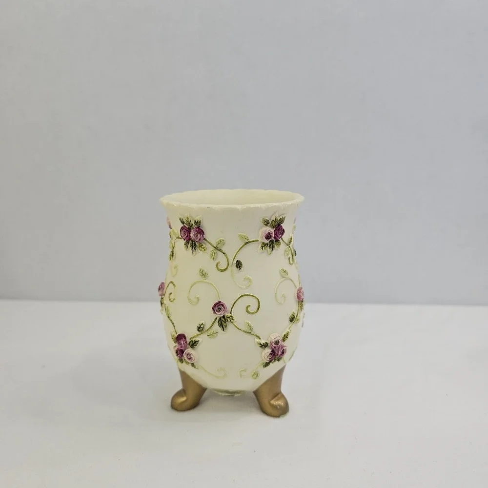 VTG Wamsutta Springs Bath RM Cup & Tooth Brush Holder -Hand Painted Floral/Vines